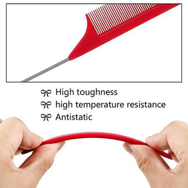 Alt view image 3 of 7 - 12 Pcs Rat Tail Comb for Parting Braiding Hair Carbon Fiber Heat Resistant Teasing Comb Stainless Steel Pintail for Pressing Teasing Hair Styling Salon Hairdressing Home(Red)