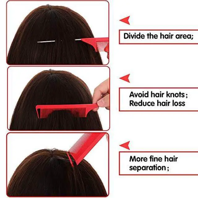 Alt view image 4 of 7 - 12 Pcs Rat Tail Comb for Parting Braiding Hair Carbon Fiber Heat Resistant Teasing Comb Stainless Steel Pintail for Pressing Teasing Hair Styling Salon Hairdressing Home(Red)