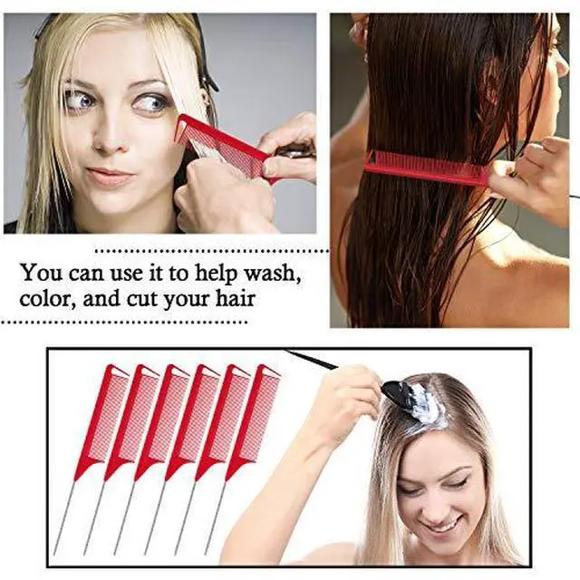 Alt view image 5 of 7 - 12 Pcs Rat Tail Comb for Parting Braiding Hair Carbon Fiber Heat Resistant Teasing Comb Stainless Steel Pintail for Pressing Teasing Hair Styling Salon Hairdressing Home(Red)