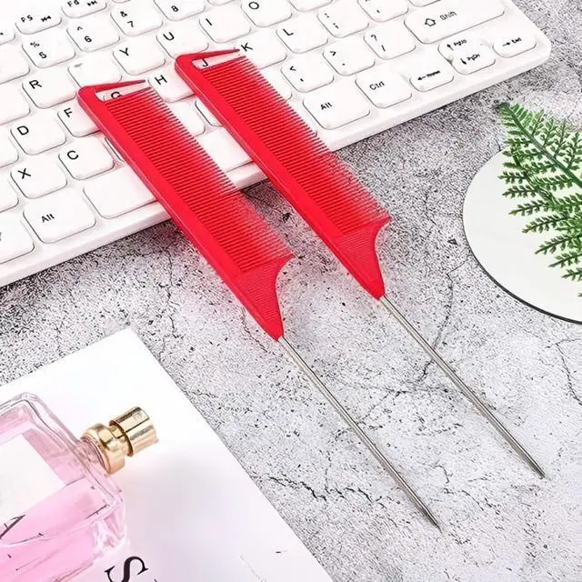 Alt view image 7 of 7 - 12 Pcs Rat Tail Comb for Parting Braiding Hair Carbon Fiber Heat Resistant Teasing Comb Stainless Steel Pintail for Pressing Teasing Hair Styling Salon Hairdressing Home(Red)