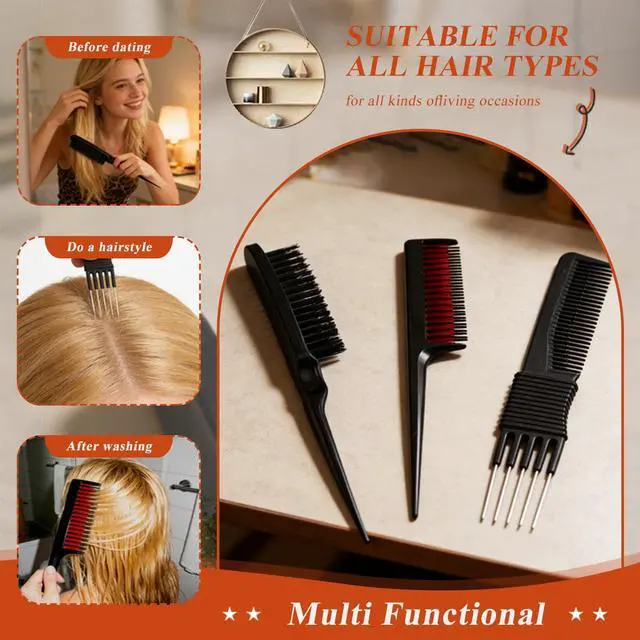 Alt view image 3 of 6 - 3 Pcs Hair Styling Comb Set, Black Carbon Fiber Lift Comb, Metal Pin Tail Comb, Nylon Bristle Hair Brush, Professional Salon Tools for Detangling, Sectioning