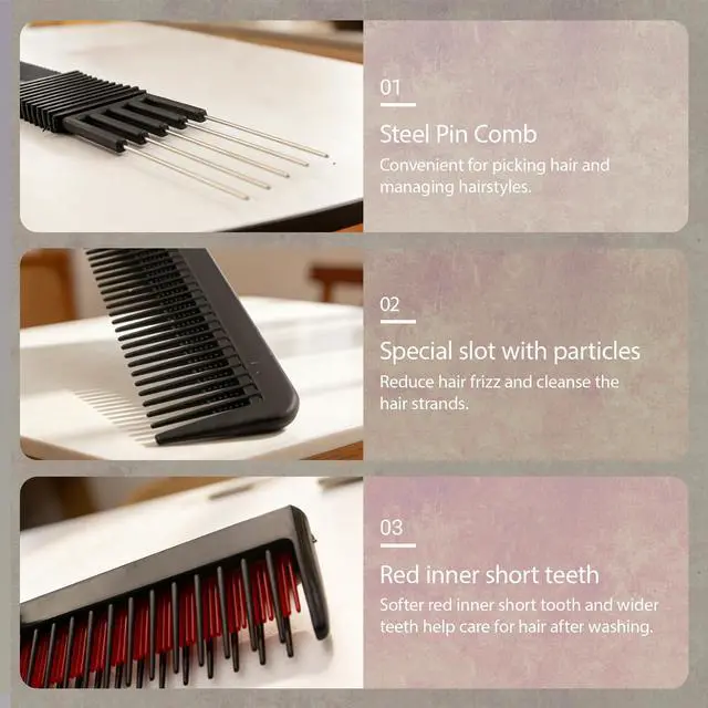 Alt view image 4 of 6 - 3 Pcs Hair Styling Comb Set, Black Carbon Fiber Lift Comb, Metal Pin Tail Comb, Nylon Bristle Hair Brush, Professional Salon Tools for Detangling, Sectioning
