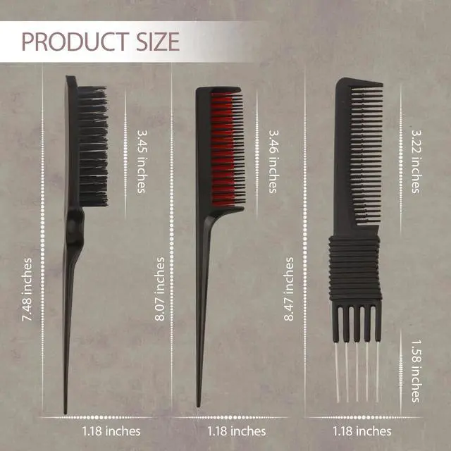 Alt view image 2 of 6 - 3 Pcs Hair Styling Comb Set, Black Carbon Fiber Lift Comb, Metal Pin Tail Comb, Nylon Bristle Hair Brush, Professional Salon Tools for Detangling, Sectioning
