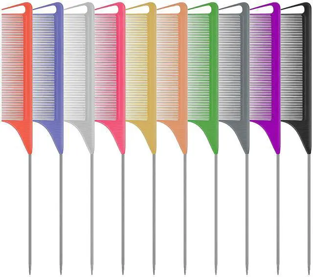Main image of 10 PCS Rat Tail Combs Set - Hair Teasing Fine Tooth Comb for Women Girls, Parting Comb for Braiding Hair Styling Tools & Appliances with Stainless Steel Pintail Carbon Fiber Heat Resistant