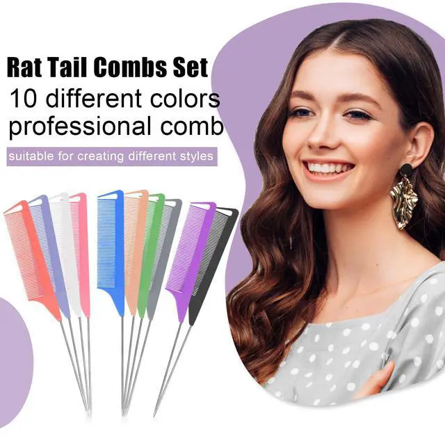 Alt view image 2 of 7 - 10 PCS Rat Tail Combs Set - Hair Teasing Fine Tooth Comb for Women Girls, Parting Comb for Braiding Hair Styling Tools & Appliances with Stainless Steel Pintail Carbon Fiber Heat Resistant