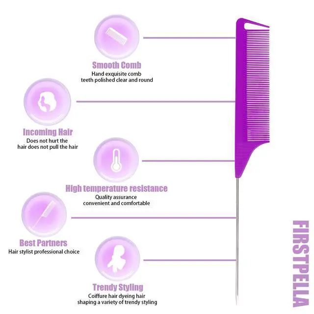 Alt view image 4 of 7 - 10 PCS Rat Tail Combs Set - Hair Teasing Fine Tooth Comb for Women Girls, Parting Comb for Braiding Hair Styling Tools & Appliances with Stainless Steel Pintail Carbon Fiber Heat Resistant