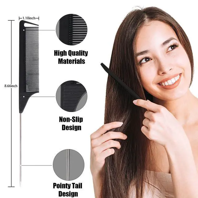 Alt view image 3 of 7 - 10 PCS Rat Tail Combs Set - Hair Teasing Fine Tooth Comb for Women Girls, Parting Comb for Braiding Hair Styling Tools & Appliances with Stainless Steel Pintail Carbon Fiber Heat Resistant