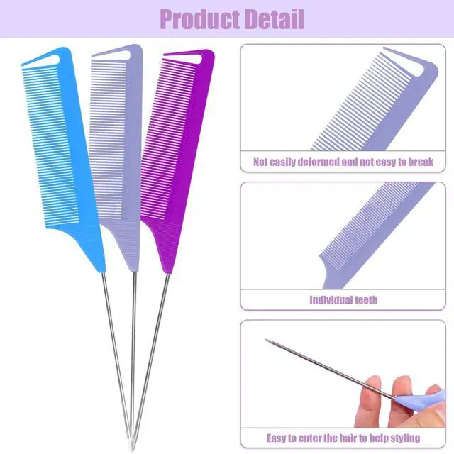 Alt view image 5 of 7 - 10 PCS Rat Tail Combs Set - Hair Teasing Fine Tooth Comb for Women Girls, Parting Comb for Braiding Hair Styling Tools & Appliances with Stainless Steel Pintail Carbon Fiber Heat Resistant
