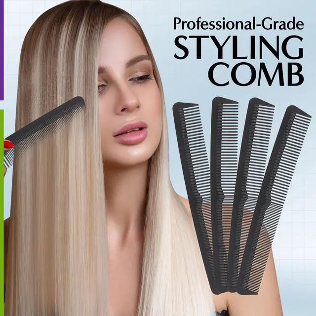 Alt view image 2 of 7 - Professional Grade Styling Comb Set - 4 Pack Premium Carbon Fiber 7" Comb - Heat Resistant, Fine and Wide Tooth, Anti Static - Salon Quality Hair Styling Accessories for Home or Barber