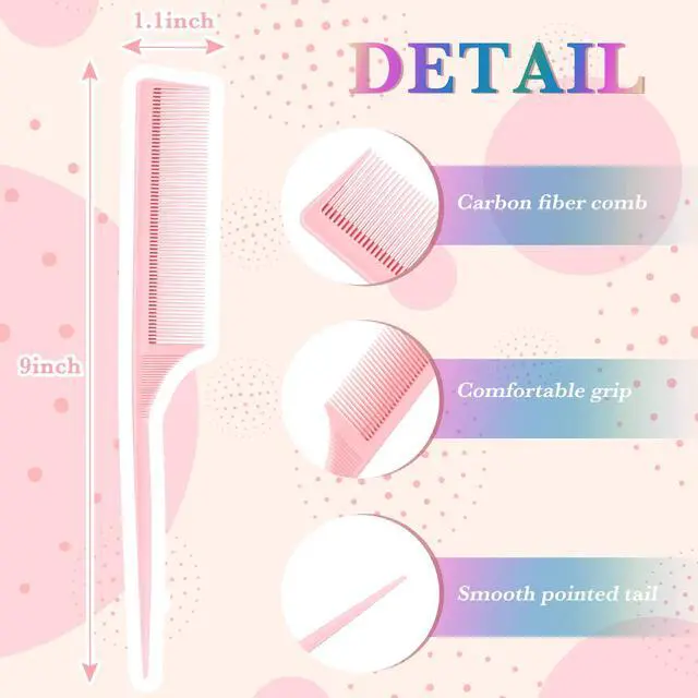 Alt view image 2 of 6 - 10 Pcs Rat Tail Combs Set, Parting Comb Braiding Hair Styling Teasing Fine Tooth Comb for Women, Carbon Heat Resistant Anti Static Pintail(Pink)