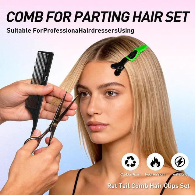 Alt view image 3 of 7 - 10Pcs Rat Tail Comb Hair Clips Set:3 Anti-Static, Heat-Resistant Carbon Fiber Parting Comb and 7 Sectioning Hair Clips Suitable for Precision Sectioning, Coloring, Braiding, and Daily Styling(Black)