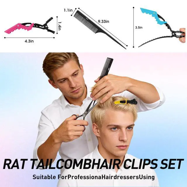 Alt view image 4 of 7 - 10Pcs Rat Tail Comb Hair Clips Set:3 Anti-Static, Heat-Resistant Carbon Fiber Parting Comb and 7 Sectioning Hair Clips Suitable for Precision Sectioning, Coloring, Braiding, and Daily Styling(Black)
