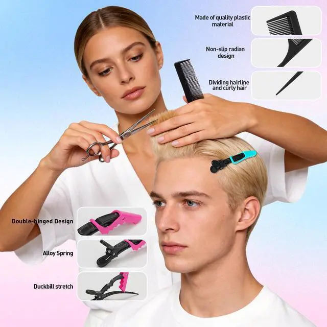 Alt view image 5 of 7 - 10Pcs Rat Tail Comb Hair Clips Set:3 Anti-Static, Heat-Resistant Carbon Fiber Parting Comb and 7 Sectioning Hair Clips Suitable for Precision Sectioning, Coloring, Braiding, and Daily Styling(Black)