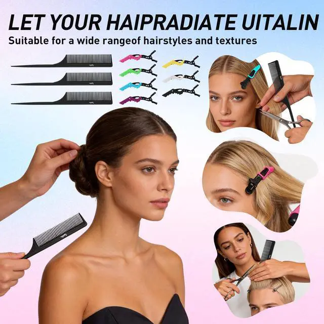 Alt view image 6 of 7 - 10Pcs Rat Tail Comb Hair Clips Set:3 Anti-Static, Heat-Resistant Carbon Fiber Parting Comb and 7 Sectioning Hair Clips Suitable for Precision Sectioning, Coloring, Braiding, and Daily Styling(Black)