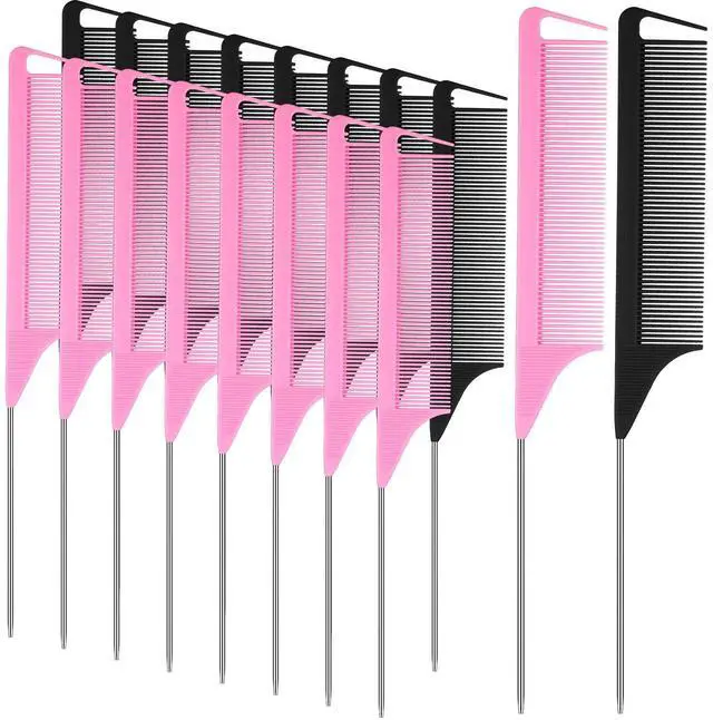 Main image of 18 Pcs Rat Tail Combs Parting Rattail Teasing Fine Tooth Comb with Steel Pintail Carbon Fiber Heat Resistant Detangling Combs for Women Braiding Curly Hair Salon Styling Hair(Blackpink)