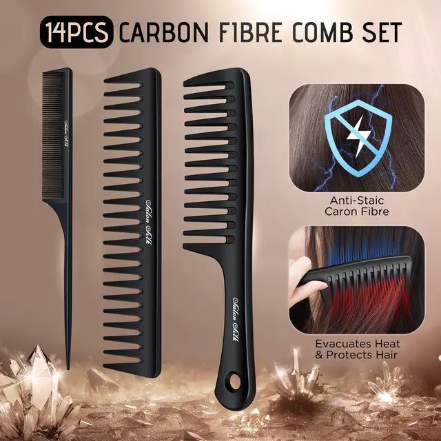Alt view image 4 of 7 - Women Hair Comb Set - 14PCS Wide Tooth Rat Tail Styling Combs Pick for Curly - Teasing Parting Fine Professional Barber Cutting Braiding Set