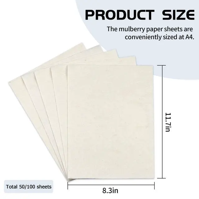 Alt view image 3 of 6 - 50/100 Sheets A4 Mulberry Paper Sheets Natural Fiber Rice Papers,8.3x11.7in Natural Decoupage Tissue Paper for Writing Painting, Decorative &Card Making Papers DIY Craft