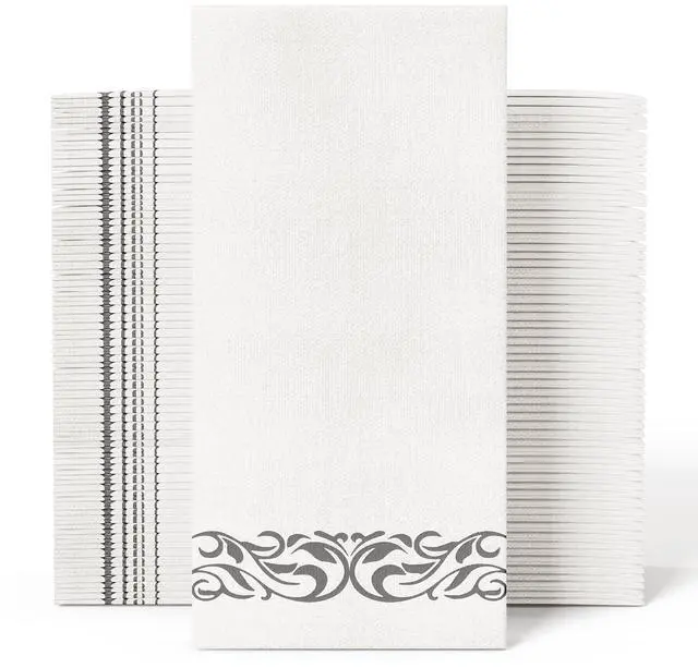 Main image of 100 Disposable Hand Towels, Soft and Absorbent Linen Feel Dinner Napkin, Elegant Decorative Paper Guest Towels for Kitchen, Bathroom, Weddings, Parties, Silver and White