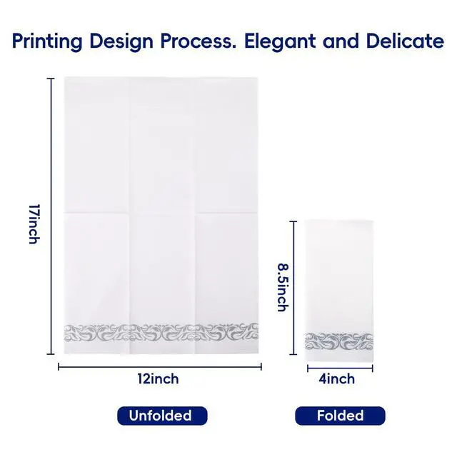 Alt view image 2 of 6 - 100 Disposable Hand Towels, Soft and Absorbent Linen Feel Dinner Napkin, Elegant Decorative Paper Guest Towels for Kitchen, Bathroom, Weddings, Parties, Silver and White