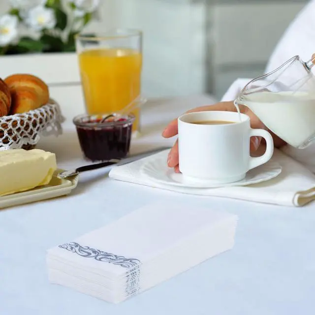 Alt view image 4 of 6 - 100 Disposable Hand Towels, Soft and Absorbent Linen Feel Dinner Napkin, Elegant Decorative Paper Guest Towels for Kitchen, Bathroom, Weddings, Parties, Silver and White