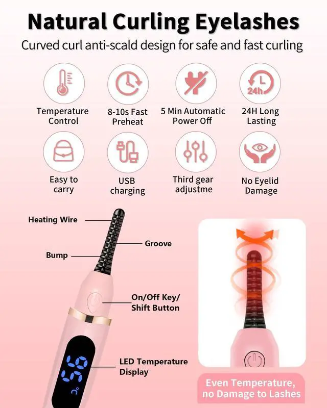 Alt view image 7 of 7 - Heated Eyelash Curlers - Eye Lash Curler Heat - Mini Electric Eyelash Curler with LED Display 3 Temp Settings USB Rechargeable Natural Curling 24H Long Lasting for Women Makeup Tools Gifts