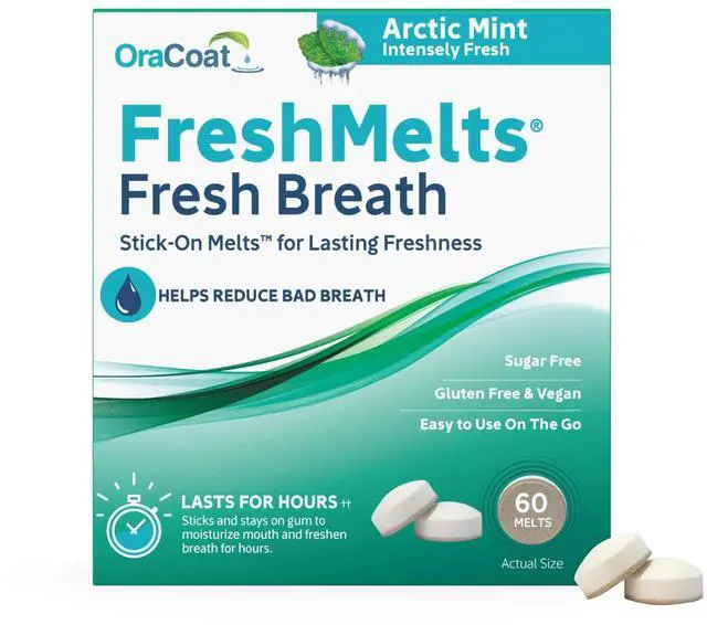 Main image of FreshMelts Fresh Breath Stick-on Melts for Lasting Freshness, 60 Count Breath Freshener for Bad Breath, Non-Acidic & Sugar-Free, Arctic Mint