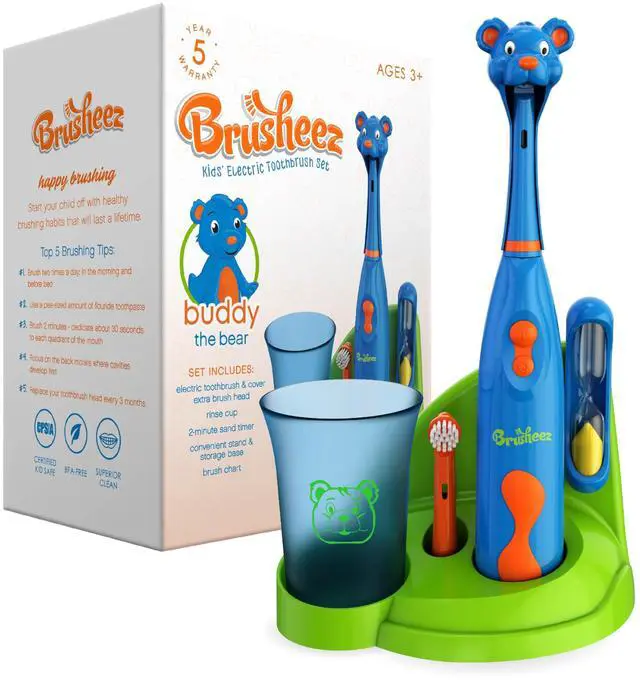 Main image of Kids Electric Toothbrush Set - Safe & Effective for Ages 3+ - Parent Tested & Approved with Gentle Bristles, 2 Brush Heads, Rinse Cup, 2-Minute Timer, & Storage Base (Buddy the Bear)