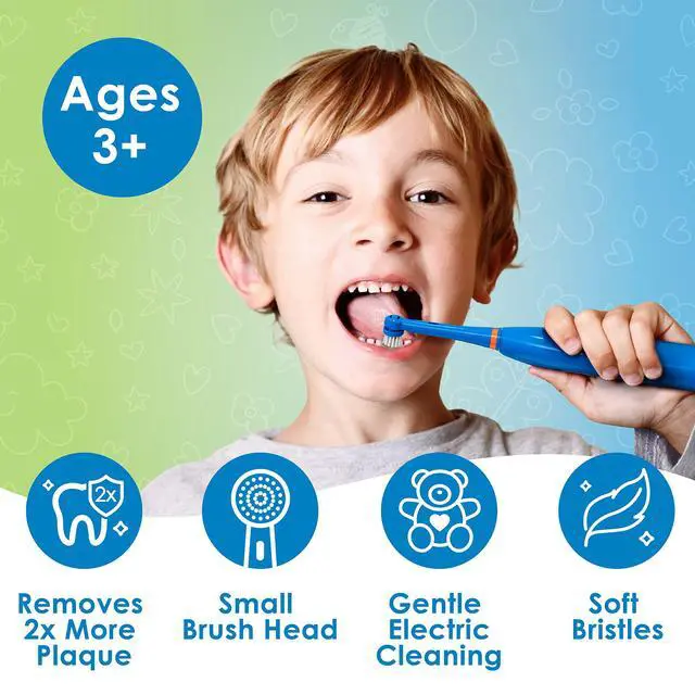 Alt view image 2 of 7 - Kids Electric Toothbrush Set - Safe & Effective for Ages 3+ - Parent Tested & Approved with Gentle Bristles, 2 Brush Heads, Rinse Cup, 2-Minute Timer, & Storage Base (Buddy the Bear)