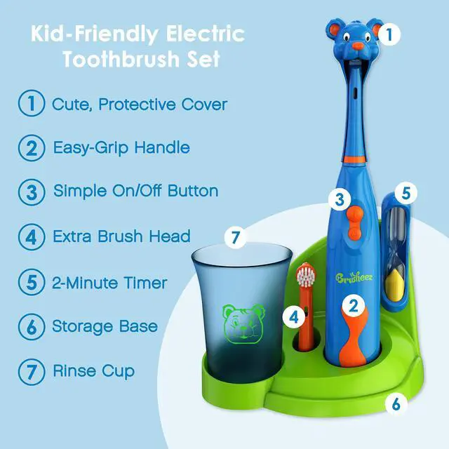 Alt view image 3 of 7 - Kids Electric Toothbrush Set - Safe & Effective for Ages 3+ - Parent Tested & Approved with Gentle Bristles, 2 Brush Heads, Rinse Cup, 2-Minute Timer, & Storage Base (Buddy the Bear)