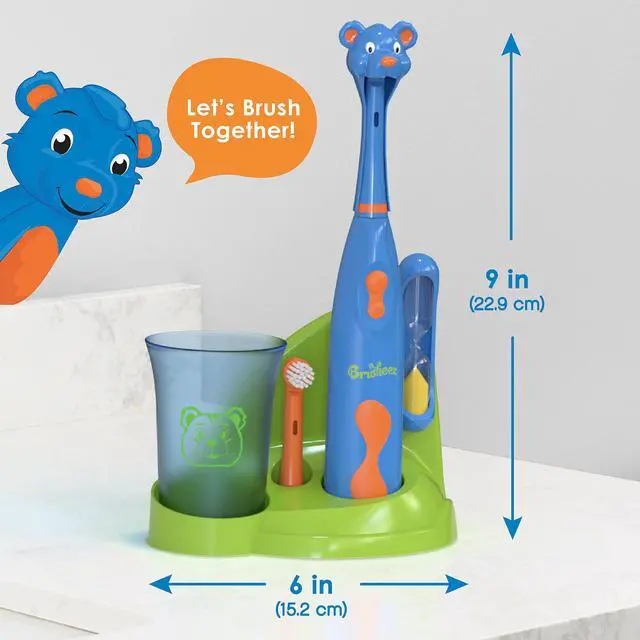 Alt view image 6 of 7 - Kids Electric Toothbrush Set - Safe & Effective for Ages 3+ - Parent Tested & Approved with Gentle Bristles, 2 Brush Heads, Rinse Cup, 2-Minute Timer, & Storage Base (Buddy the Bear)