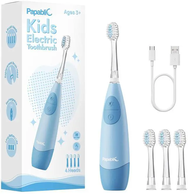 Main image of Kids Electric Toothbrush for Ages 4+ Children Girls and Boys, USB Rechargeable with Smart Brushing Timer, LED Light & 4 Replacement Brush Heads, Blue