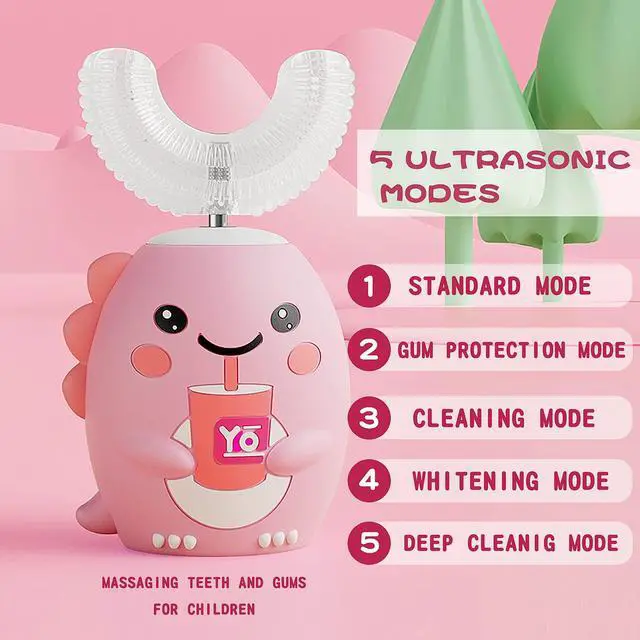 Alt view image 2 of 7 - Kids U Shaped Electric Toothbrush with 4 Brush Heads, Sonic Toothbrush Kids with 5 Modes, Cartoon Dinosaur 360-Degree Cleaning IPX7 Waterproof Design (2-6 Age (Pink))