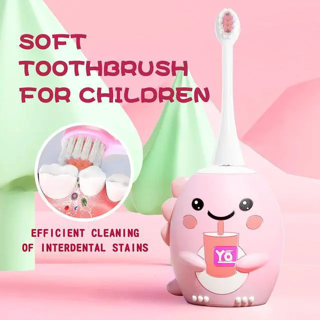 Alt view image 3 of 7 - Kids U Shaped Electric Toothbrush with 4 Brush Heads, Sonic Toothbrush Kids with 5 Modes, Cartoon Dinosaur 360-Degree Cleaning IPX7 Waterproof Design (2-6 Age (Pink))