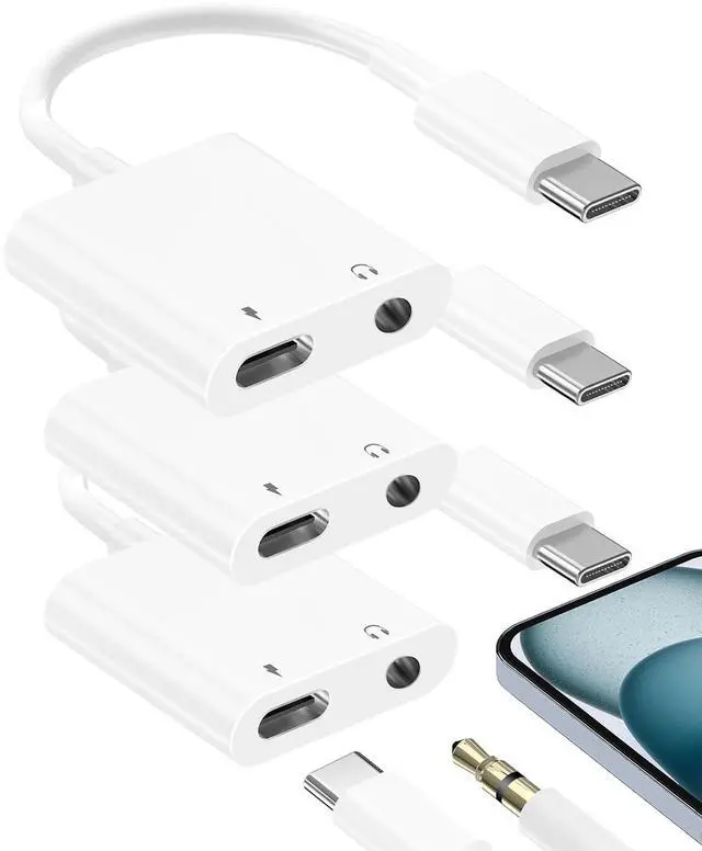 Main image of MFi Certified USB C to 3.5mm Headphone and Charger Adapter, 3 Pack Type C to Aux Jack Dongle Cable Cord with PD 60W Fast Charging Dongle for iPhone 17/17 Pro/17 Pro Max/Air/16/16 Pro Max/15/15 Pro/15