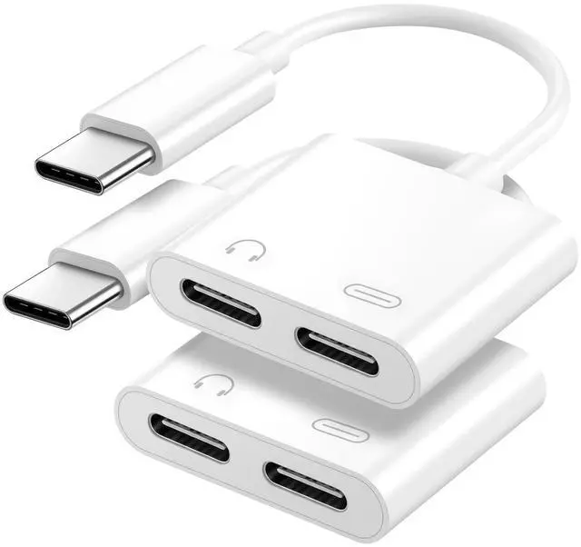 Main image of USB C to Dual Type C 2-in-1 Adapter, Type C Audio & PD Fast Charging Splitter Dongle, Simultaneous Listening and Charging for iPhone 15/16/17, iPad, Samsung S24/S26 Ultra, Note 20 (2 Pack)