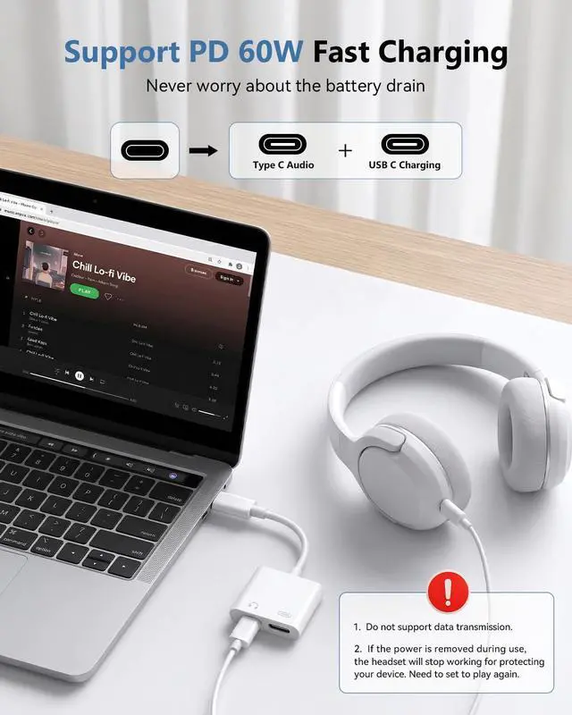 Alt view image 4 of 7 - USB C to Dual Type C 2-in-1 Adapter, Type C Audio & PD Fast Charging Splitter Dongle, Simultaneous Listening and Charging for iPhone 15/16/17, iPad, Samsung S24/S26 Ultra, Note 20 (2 Pack)