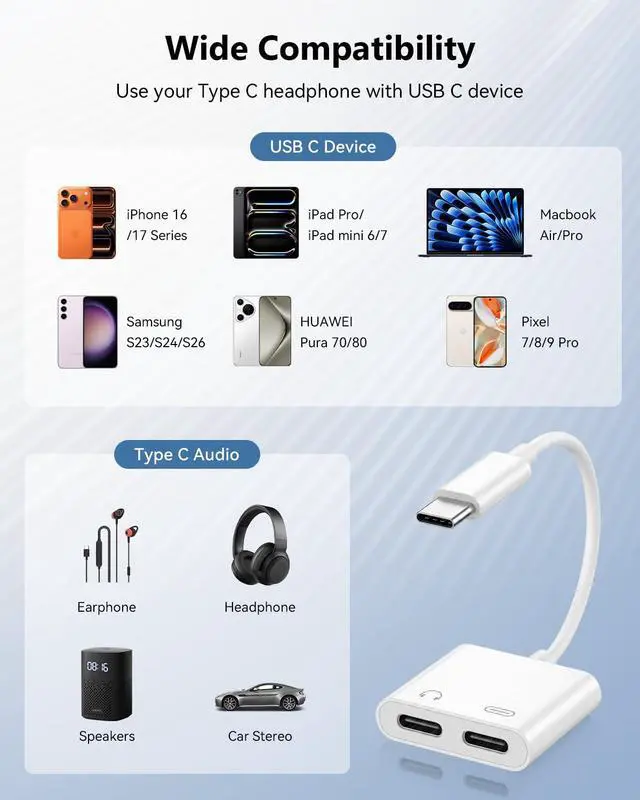 Alt view image 6 of 7 - USB C to Dual Type C 2-in-1 Adapter, Type C Audio & PD Fast Charging Splitter Dongle, Simultaneous Listening and Charging for iPhone 15/16/17, iPad, Samsung S24/S26 Ultra, Note 20 (2 Pack)