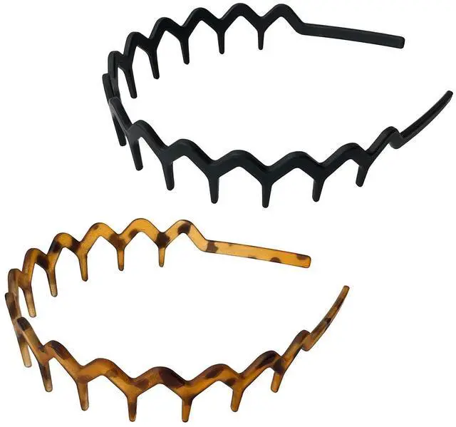 Main image of Zig Zag Headbands for Women & Men, 2 Pack Non Slip Wavy Comb Headband for Slicked Back Hair, Lightweight Recycled Plastic Hair Accessories, Black & Tortoise (Matte)