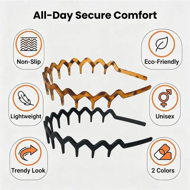 Alt view image 3 of 7 - Zig Zag Headbands for Women & Men, 2 Pack Non Slip Wavy Comb Headband for Slicked Back Hair, Lightweight Recycled Plastic Hair Accessories, Black & Tortoise (Matte)