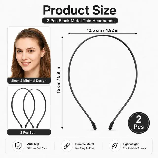 Alt view image 6 of 7 - Black Thin Metal Headband Lightweight Adjustable Daily Hair Headwear