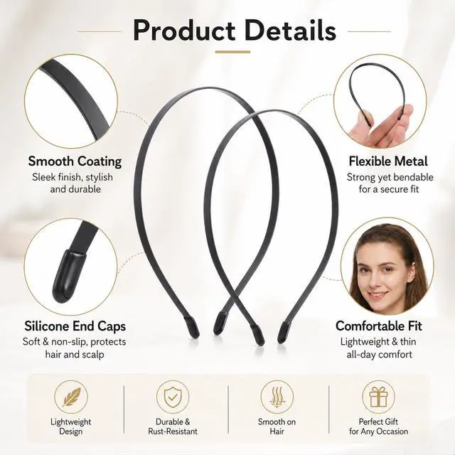 Alt view image 7 of 7 - Black Thin Metal Headband Lightweight Adjustable Daily Hair Headwear