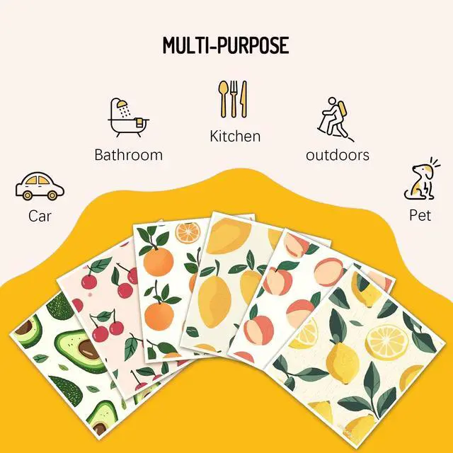 Alt view image 5 of 7 - Swedish Dishcloths for Kitchen 6 Pack, Reusable Paper Towels Super Absorbent, Biodegradable Quick Drying Washable Dish Cloths Dishwasher Safe, Perfect as Hostess or Housewarming Gifts (Fruit)