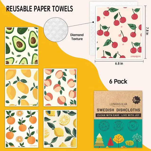 Alt view image 2 of 7 - Swedish Dishcloths for Kitchen 6 Pack, Reusable Paper Towels Super Absorbent, Biodegradable Quick Drying Washable Dish Cloths Dishwasher Safe, Perfect as Hostess or Housewarming Gifts (Fruit)