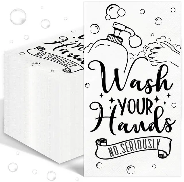 Main image of 100 Pcs Disposable Hand Towels for Bathroom Paper Towels for Guests 3 Ply Wash Your Hands Bathroom Etiquette Guest Napkins for Powder Room Wedding Birthday Holiday Anniversary, Black White