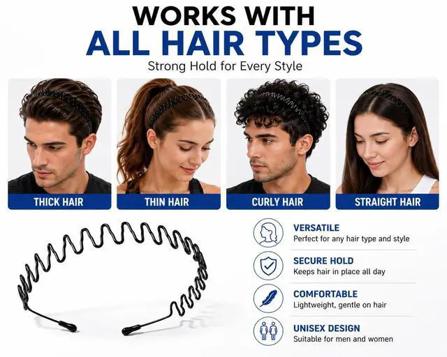 Alt view image 4 of 6 - Metal Headbands for Men and Women 2 Pack Unisex Non-Slip Wavy Hair Bands, Adjustable Elastic Spring Hair Hoop for Sports, Outdoor & Everyday Use | Fits All Head Sizes, Black