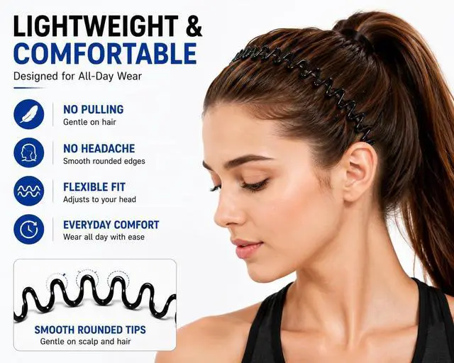 Alt view image 5 of 6 - Metal Headbands for Men and Women 2 Pack Unisex Non-Slip Wavy Hair Bands, Adjustable Elastic Spring Hair Hoop for Sports, Outdoor & Everyday Use | Fits All Head Sizes, Black