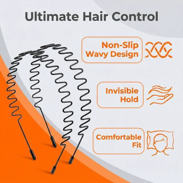 Alt view image 3 of 7 - 2 Pack Black Wavy Non-Slip Headbands, Invisible Thin Hair Hoop with Wave Teeth, No Pressure Elastic Metal Hair Bands for Running, Workout and Daily Use(Black-A-2Pcs)