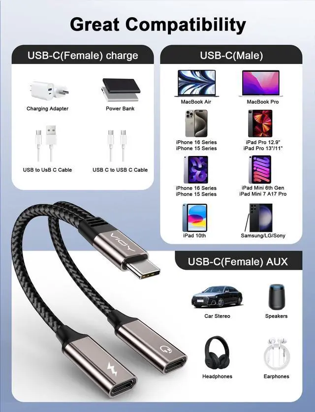 Alt view image 2 of 7 - USB C Splitter 1 in 2 Out,Type C Audio and Charger Adapter