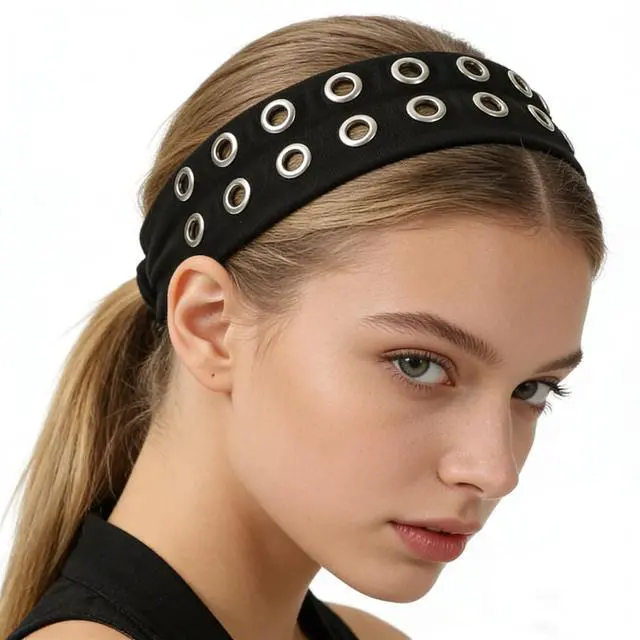Alt view image 4 of 7 - Grommet Headband, Y2k Wide Eyelet HeadbandS, Elastic Hairband Grunge Accessories Punk Hair Accessories, Stretchy Hair band for Women (Black, Style-2)