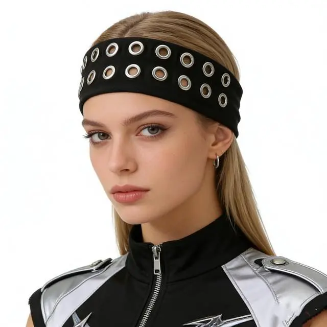 Alt view image 5 of 7 - Grommet Headband, Y2k Wide Eyelet HeadbandS, Elastic Hairband Grunge Accessories Punk Hair Accessories, Stretchy Hair band for Women (Black, Style-2)